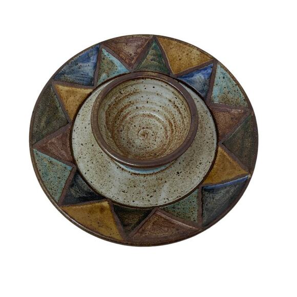 Chip & Dip Serving Dish Studio Art Pottery Handmade Bohemian Earthy Design 8.5" - Picture 1 of 10